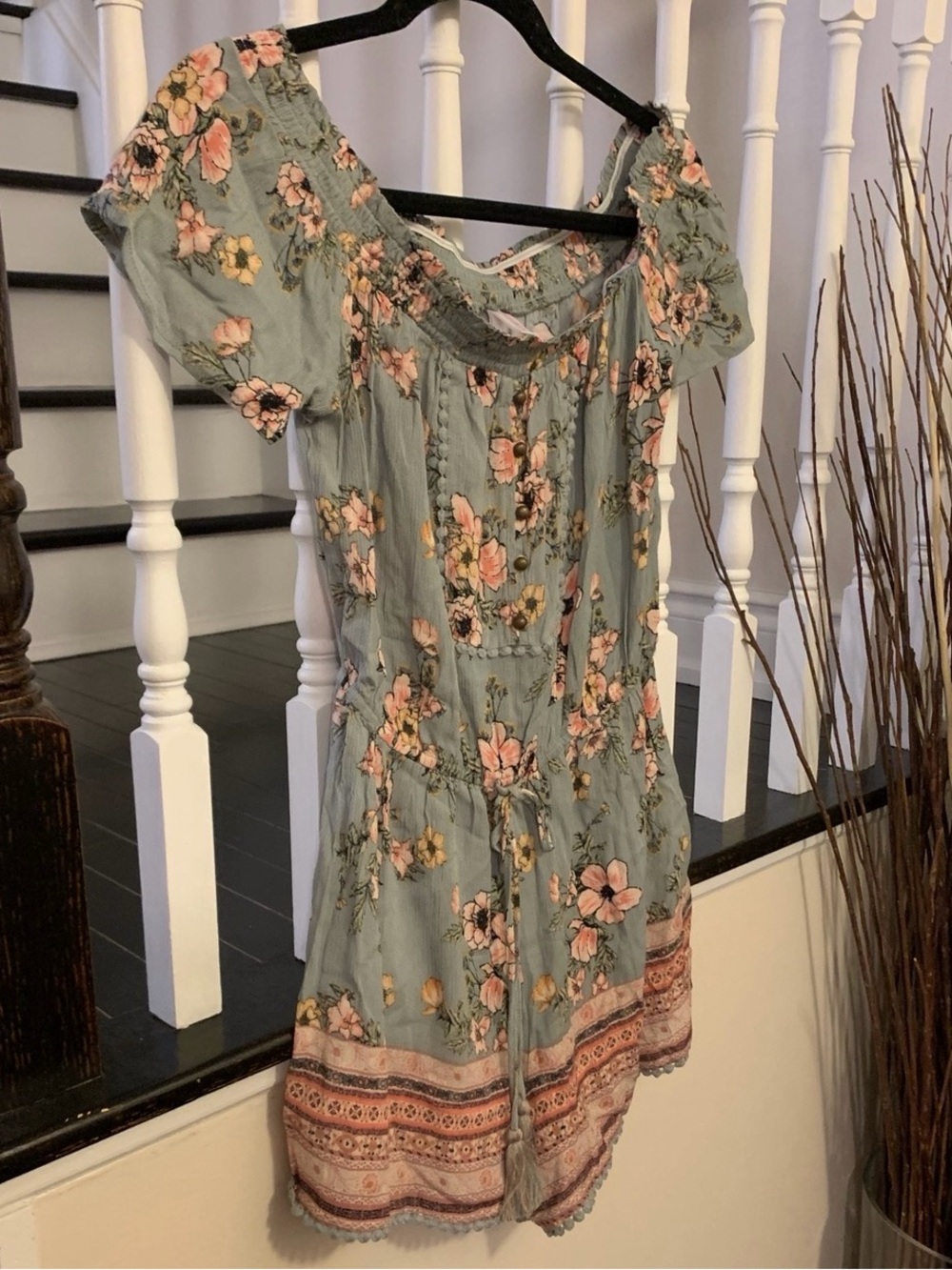 Floral Off-Shoulder Summer Romper - Light Blue with Pink Blooms